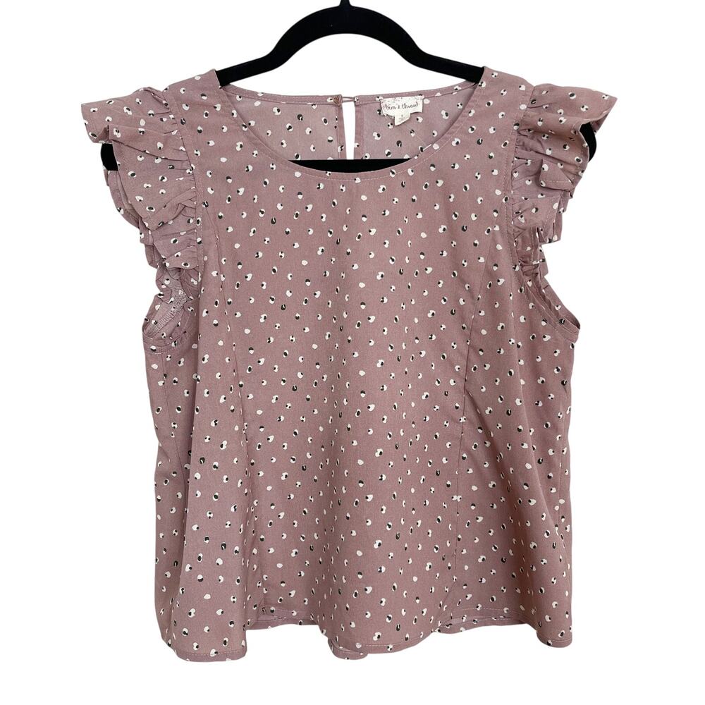 New Hem & Thread Polka Dot Ruffle Sleeve Blouse Top Mauve Pink S Ladder Trim
